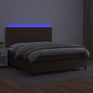 Κρεβάτι Boxspring με Στρώμα & LED Καφέ 180x200 εκ. Συνθ. Δέρμα