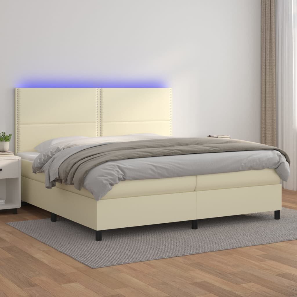 Κρεβάτι Boxspring με Στρώμα & LED Κρεμ 200x200 εκ. Συνθ. Δέρμα