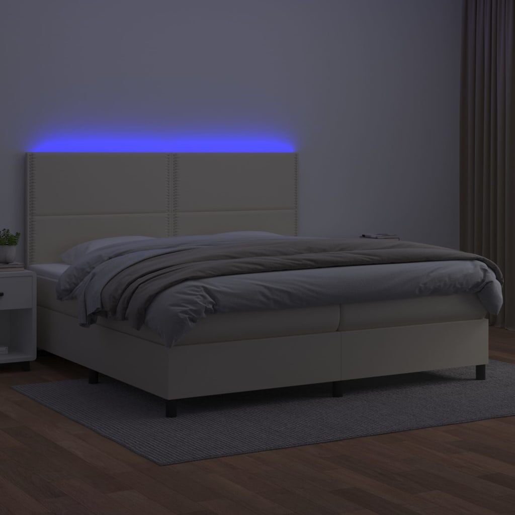 Κρεβάτι Boxspring με Στρώμα & LED Κρεμ 200x200 εκ. Συνθ. Δέρμα