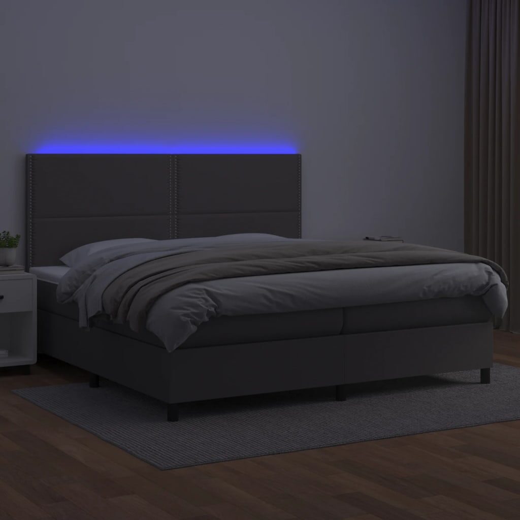 Κρεβάτι Boxspring με Στρώμα & LED Γκρι 200x200 εκ. Συνθ. Δέρμα