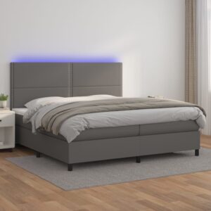 Κρεβάτι Boxspring με Στρώμα & LED Γκρι 200x200 εκ. Συνθ. Δέρμα