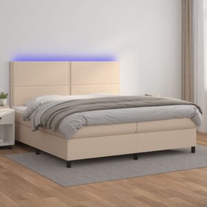 Κρεβάτι Boxspring Στρώμα&LED Καπουτσίνο 200x200 εκ. Συνθ. Δέρμα