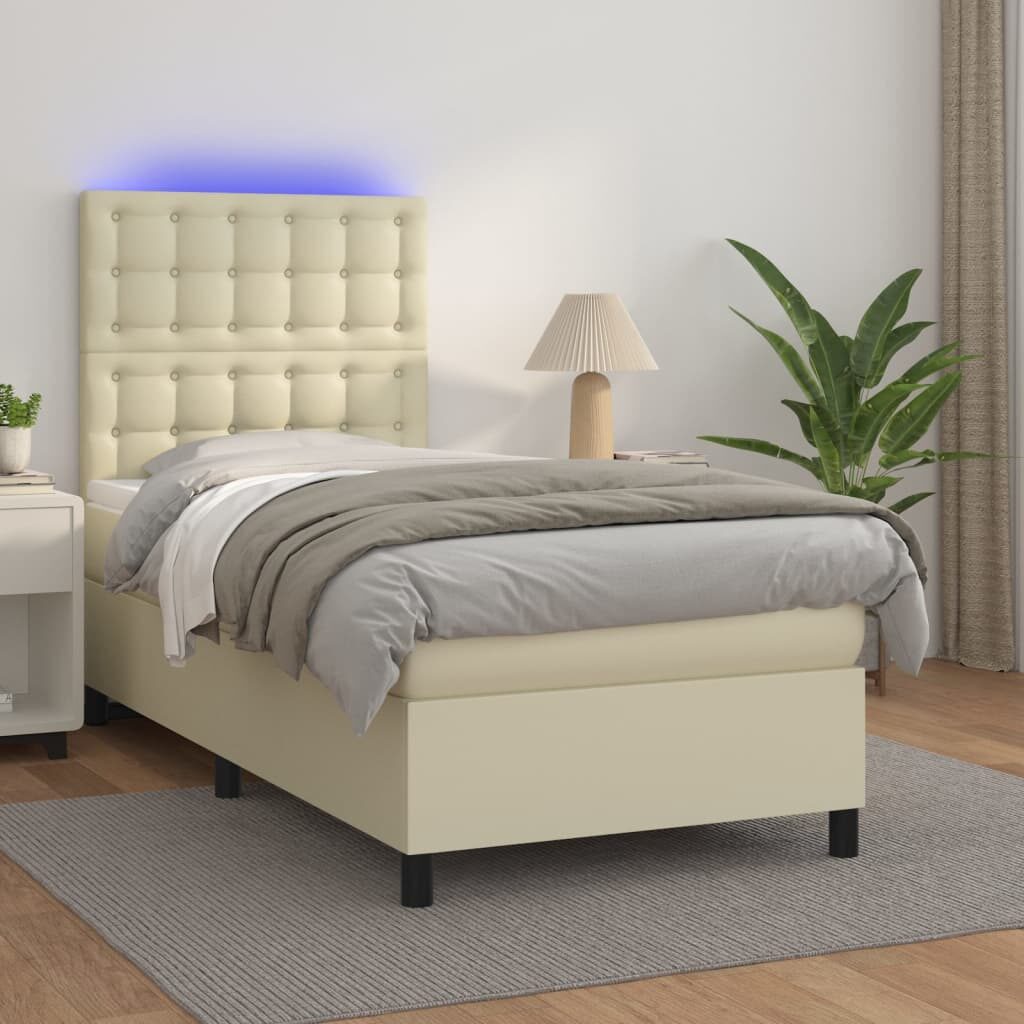 Κρεβάτι Boxspring με Στρώμα & LED Κρεμ 90x190 εκ. Συνθ. Δέρμα