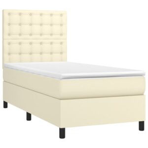 Κρεβάτι Boxspring με Στρώμα & LED Κρεμ 90x190 εκ. Συνθ. Δέρμα