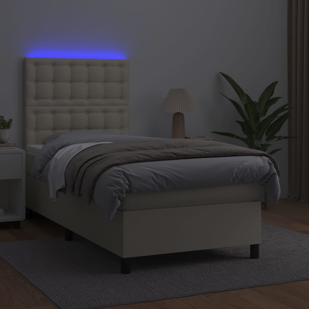 Κρεβάτι Boxspring με Στρώμα & LED Κρεμ 90x190 εκ. Συνθ. Δέρμα