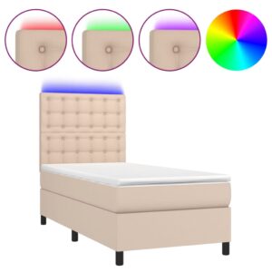 Κρεβάτι Boxspring Στρώμα&LED Καπουτσίνο 90x190 εκ. Συνθ. Δέρμα