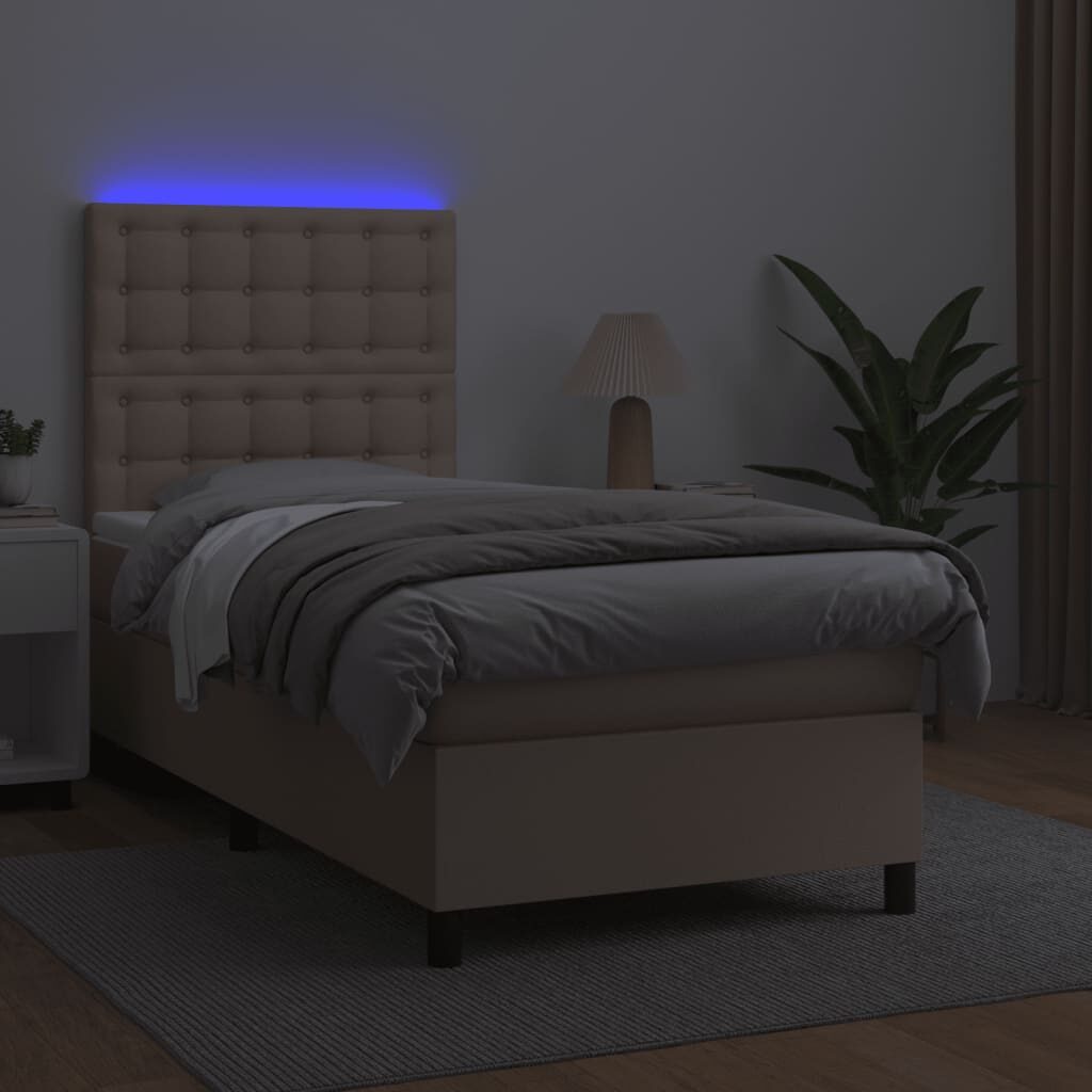 Κρεβάτι Boxspring Στρώμα&LED Καπουτσίνο 90x190 εκ. Συνθ. Δέρμα