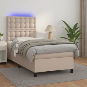 Κρεβάτι Boxspring Στρώμα&LED Καπουτσίνο 90x190 εκ. Συνθ. Δέρμα