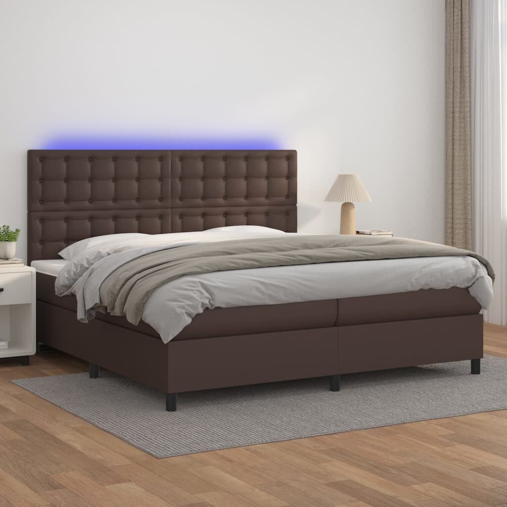 Κρεβάτι Boxspring με Στρώμα & LED Καφέ 200x200 εκ. Συνθ. Δέρμα