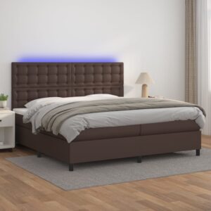 Κρεβάτι Boxspring με Στρώμα & LED Καφέ 200x200 εκ. Συνθ. Δέρμα