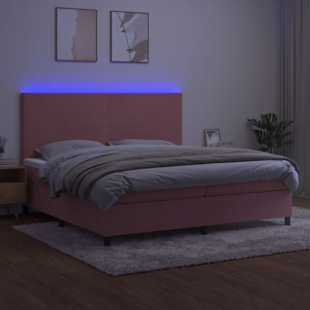 Κρεβάτι Boxspring με Στρώμα & LED Ροζ 200x200 εκ. Βελούδινο