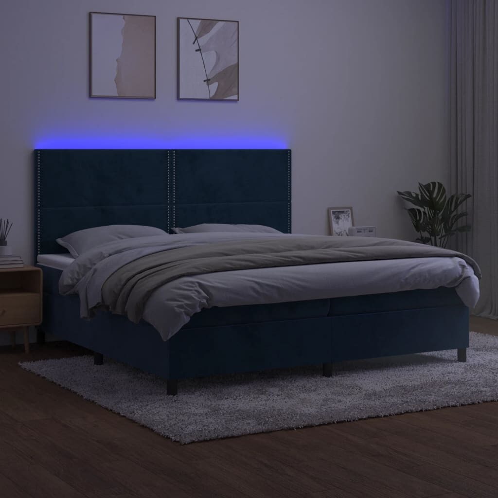 Κρεβάτι Boxspring με Στρώμα & LED Σκ. Μπλε 200x200εκ. Βελούδινο