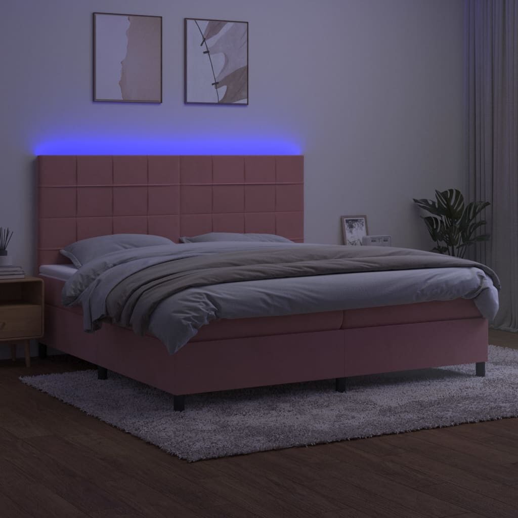 Κρεβάτι Boxspring με Στρώμα & LED Ροζ 200x200 εκ. Βελούδινο