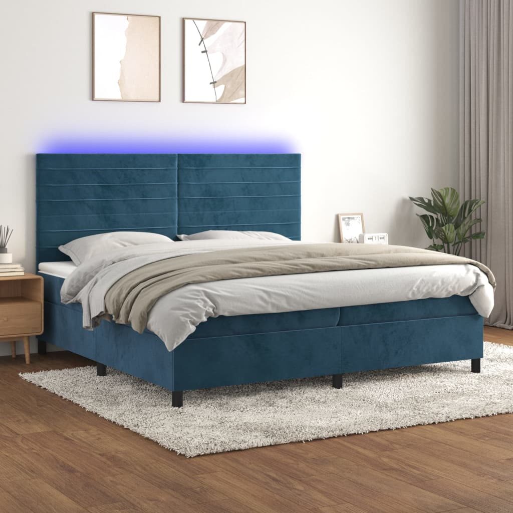 Κρεβάτι Boxspring με Στρώμα & LED Σκ. Μπλε 200x200εκ. Βελούδινο