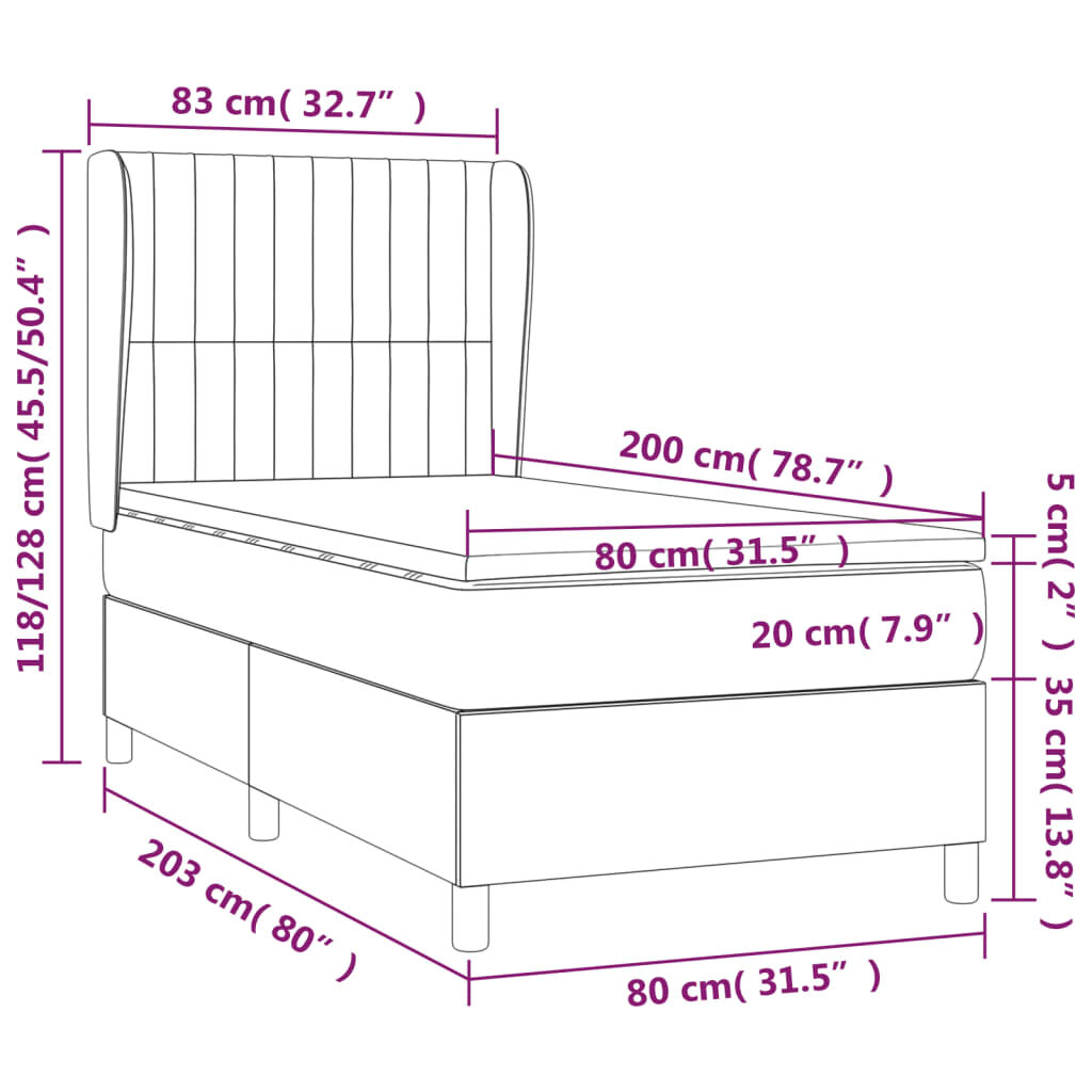 Κρεβάτι Boxspring με Στρώμα Σκούρο Γκρι 80x200 εκ. Υφασμάτινο