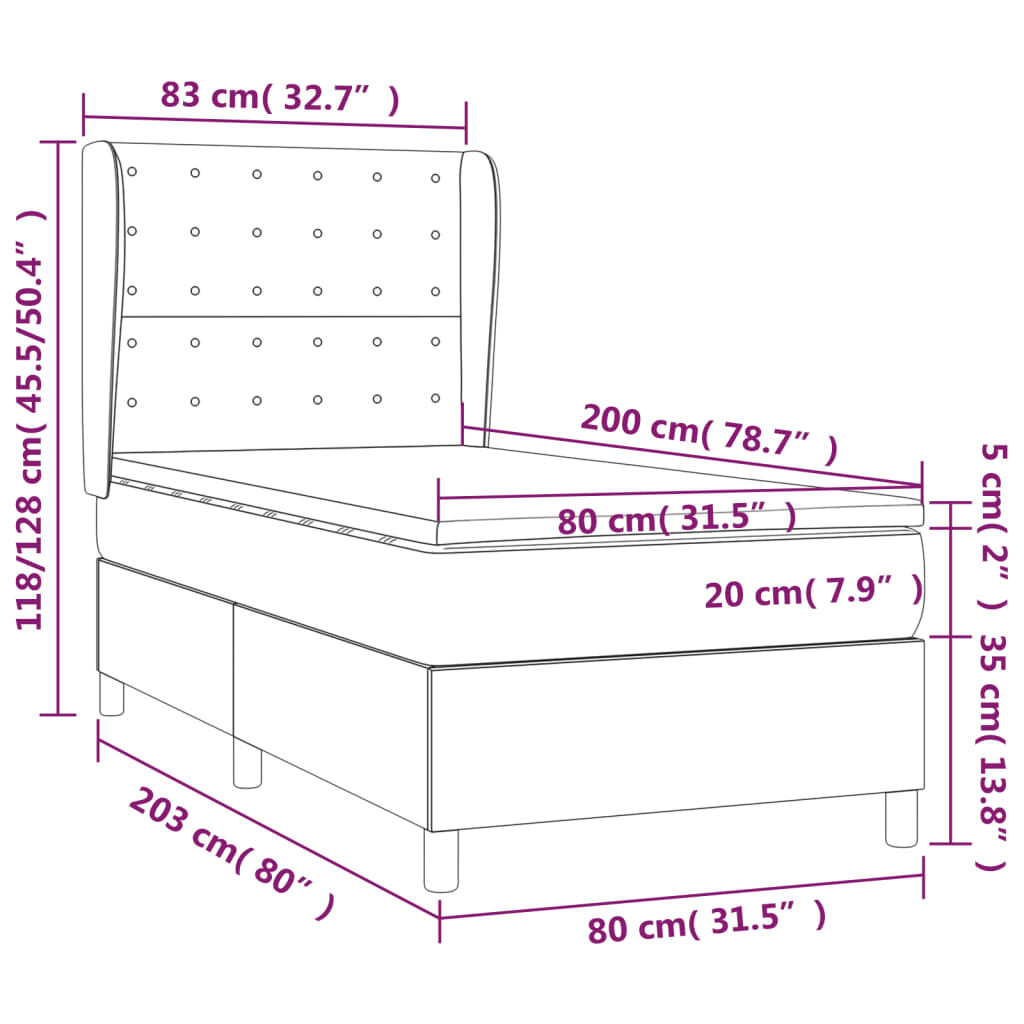 Κρεβάτι Boxspring με Στρώμα Σκούρο Γκρι 80x200 εκ. Υφασμάτινο