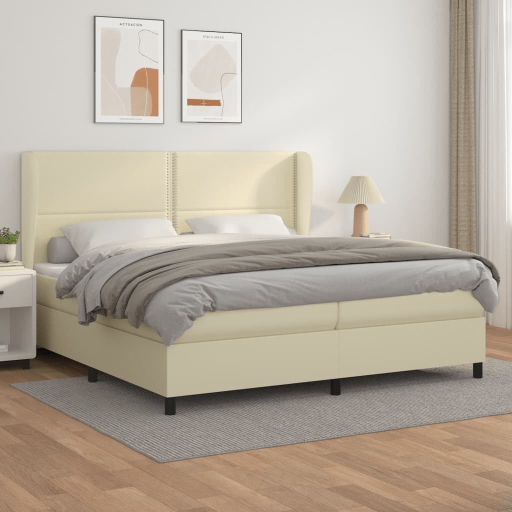 Κρεβάτι Boxspring με Στρώμα Κρεμ 200x200 εκ. Συνθετικό Δέρμα