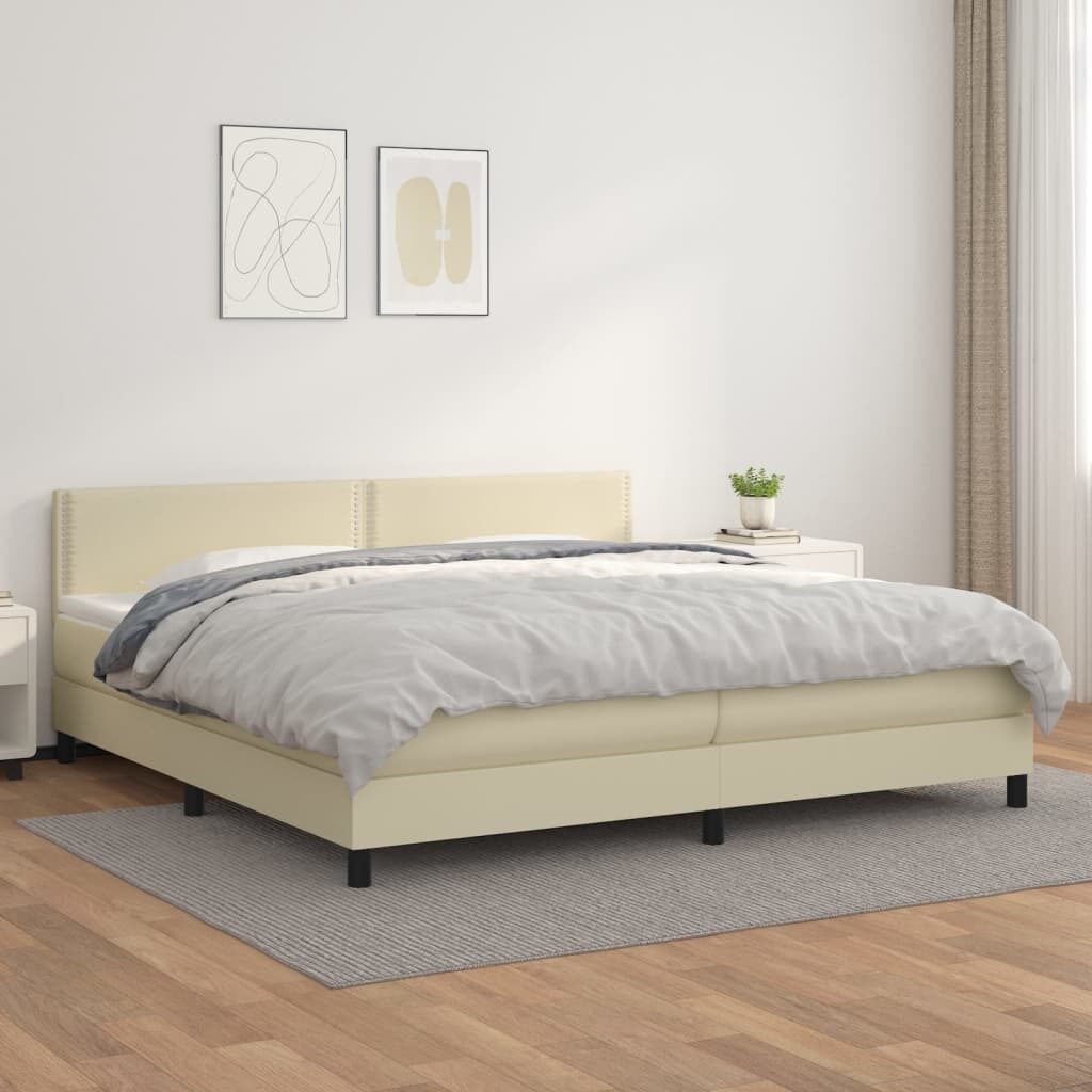 Κρεβάτι Boxspring με Στρώμα Κρεμ 200x200 εκ. Συνθετικό Δέρμα