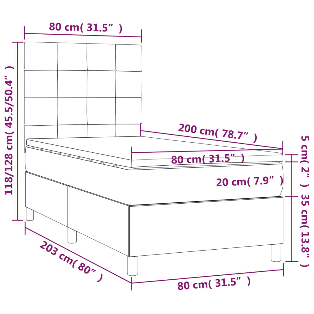 Κρεβάτι Boxspring με Στρώμα Σκούρο Γκρι 80x200 εκ. Υφασμάτινο