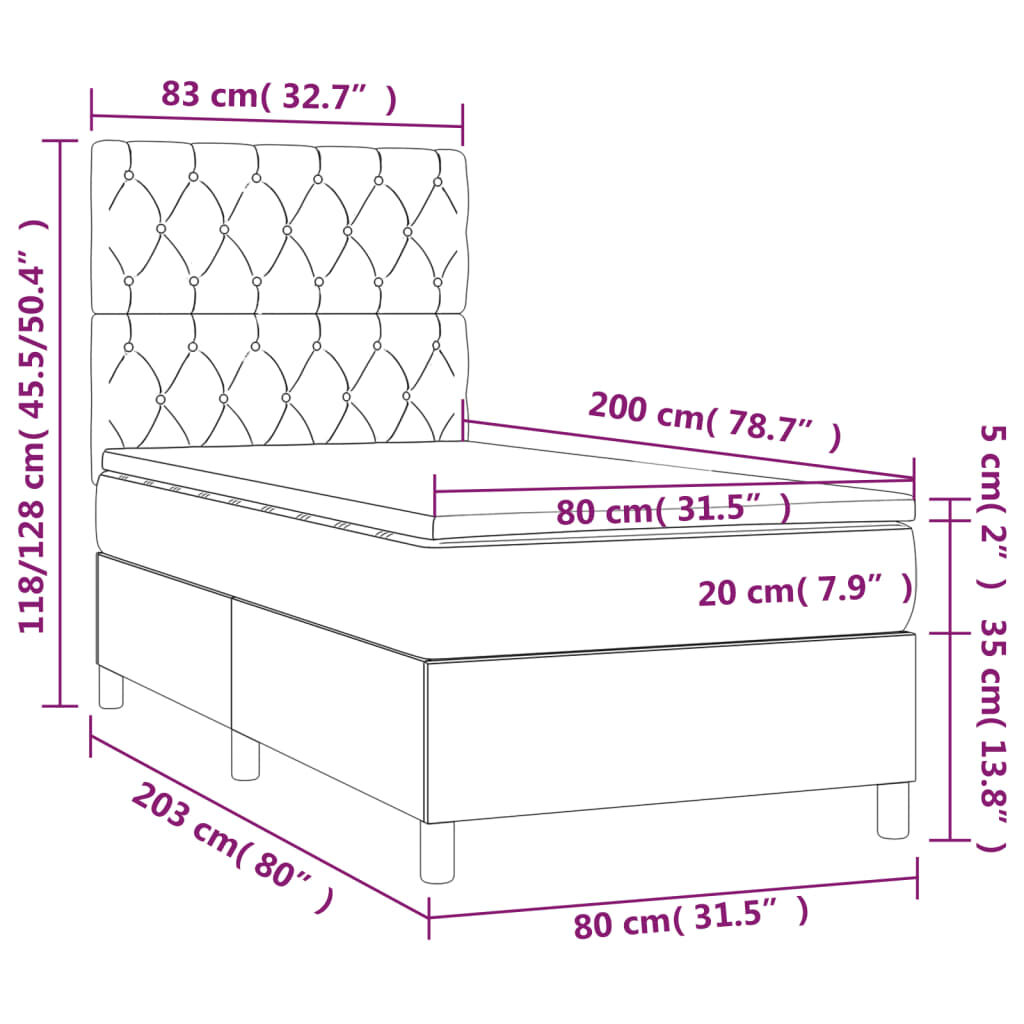 Κρεβάτι Boxspring με Στρώμα Σκούρο Γκρι 80x200 εκ. Υφασμάτινο