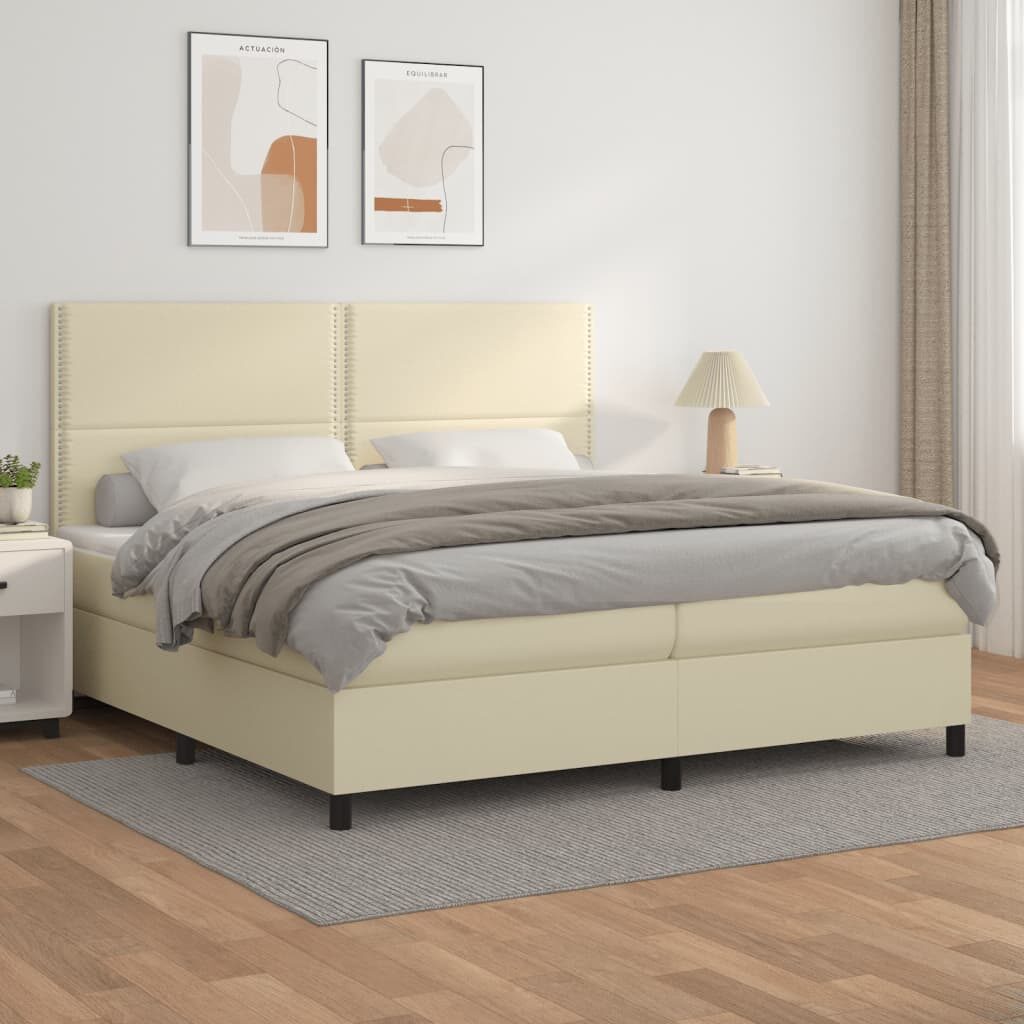 Κρεβάτι Boxspring με Στρώμα Κρεμ 200x200 εκ. Συνθετικό Δέρμα