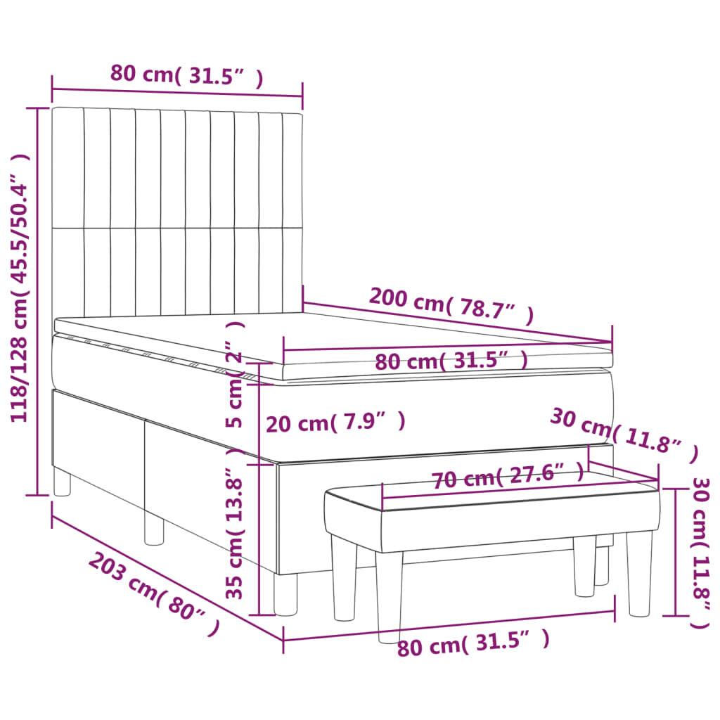 Κρεβάτι Boxspring με Στρώμα Σκούρο Γκρι 80x200 εκ. Υφασμάτινο