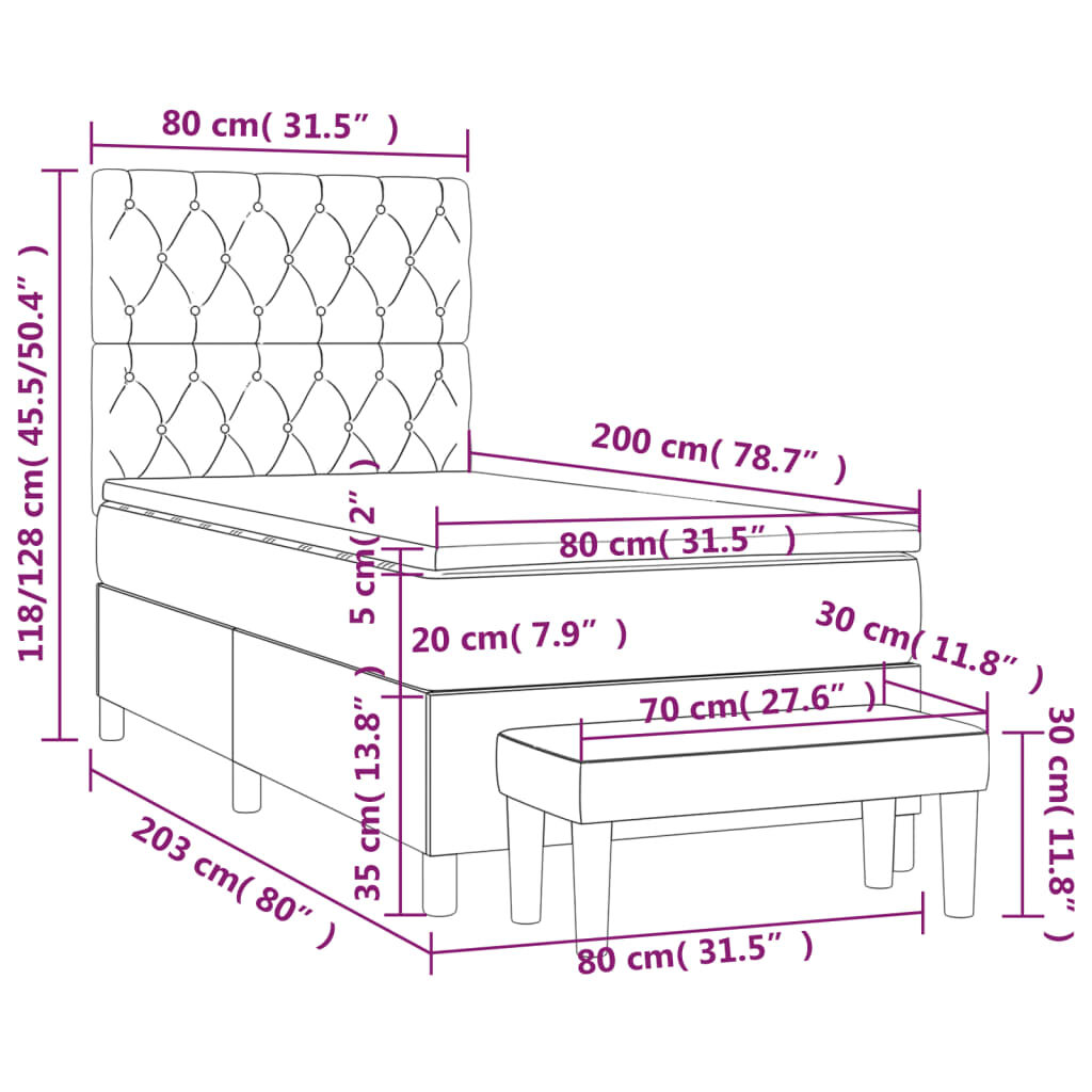 Κρεβάτι Boxspring με Στρώμα Κρεμ 80 x 200 εκ. Υφασμάτινο