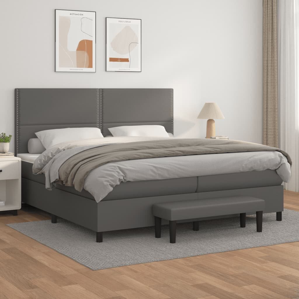 Κρεβάτι Boxspring με Στρώμα Γκρι 200x200 εκ. Συνθετικό Δέρμα