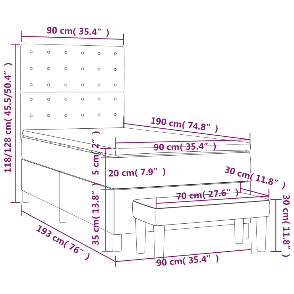 Κρεβάτι Boxspring με Στρώμα Λευκό 90x190εκ. από Συνθετικό Δέρμα