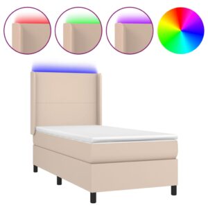 Κρεβάτι Boxspring Στρώμα&LED Καπουτσίνο 90x190 εκ. Συνθ. Δέρμα