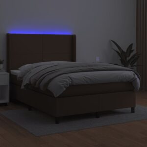 Κρεβάτι Boxspring με Στρώμα & LED Καφέ 140x200 εκ. Συνθ. Δέρμα