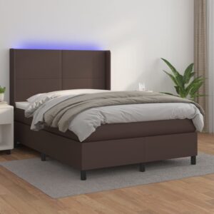 Κρεβάτι Boxspring με Στρώμα & LED Καφέ 140x200 εκ. Συνθ. Δέρμα