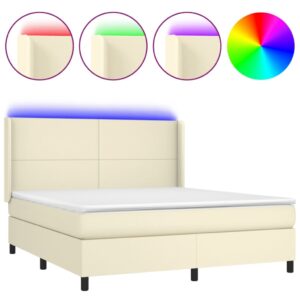 Κρεβάτι Boxspring με Στρώμα & LED Κρεμ 180x200 εκ. Συνθ. Δέρμα