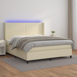 Κρεβάτι Boxspring με Στρώμα & LED Κρεμ 180x200 εκ. Συνθ. Δέρμα