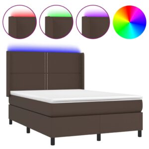 Κρεβάτι Boxspring με Στρώμα & LED Καφέ 140x200 εκ. Συνθ. Δέρμα