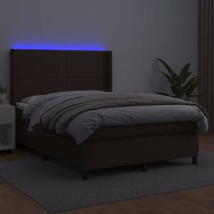 Κρεβάτι Boxspring με Στρώμα & LED Καφέ 140x200 εκ. Συνθ. Δέρμα