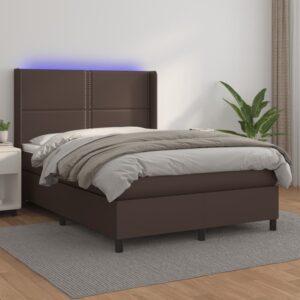 Κρεβάτι Boxspring με Στρώμα & LED Καφέ 140x200 εκ. Συνθ. Δέρμα