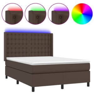 Κρεβάτι Boxspring με Στρώμα & LED Καφέ 140x200 εκ. Συνθ. Δέρμα