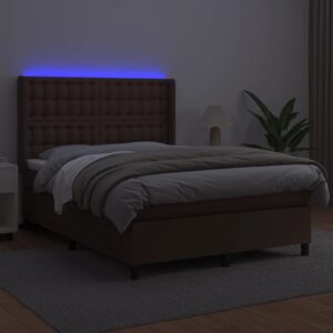 Κρεβάτι Boxspring με Στρώμα & LED Καφέ 140x200 εκ. Συνθ. Δέρμα