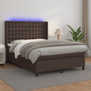 Κρεβάτι Boxspring με Στρώμα & LED Καφέ 140x200 εκ. Συνθ. Δέρμα