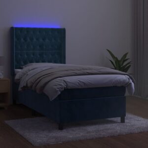 Κρεβάτι Boxspring με Στρώμα & LED Σκ. Μπλε 90x200 εκ. Βελούδινο