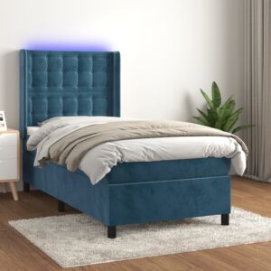 Κρεβάτι Boxspring με Στρώμα & LED Σκ. Μπλε 90x200 εκ. Βελούδινο