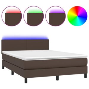 Κρεβάτι Boxspring με Στρώμα & LED Καφέ 140x200 εκ. Συνθ. Δέρμα