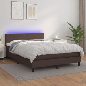 Κρεβάτι Boxspring με Στρώμα & LED Καφέ 140x200 εκ. Συνθ. Δέρμα