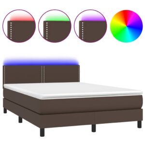 Κρεβάτι Boxspring με Στρώμα & LED Καφέ 140x200 εκ. Συνθ. Δέρμα