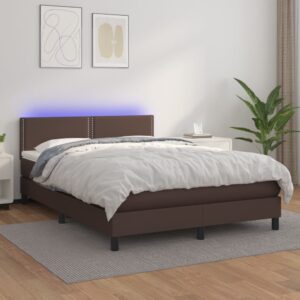 Κρεβάτι Boxspring με Στρώμα & LED Καφέ 140x200 εκ. Συνθ. Δέρμα