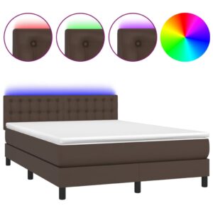 Κρεβάτι Boxspring με Στρώμα & LED Καφέ 140x200 εκ. Συνθ. Δέρμα