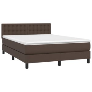 Κρεβάτι Boxspring με Στρώμα & LED Καφέ 140x200 εκ. Συνθ. Δέρμα