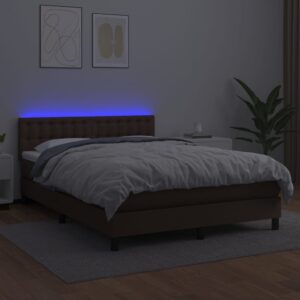 Κρεβάτι Boxspring με Στρώμα & LED Καφέ 140x200 εκ. Συνθ. Δέρμα