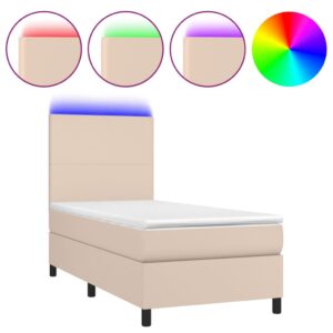 Κρεβάτι Boxspring Στρώμα&LED Καπουτσίνο 90x190 εκ. Συνθ. Δέρμα